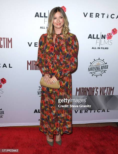 Emily VanCamp arrives at the Los Angeles Special Screening Of "Miranda's Victim" at Regency Bruin Theatre on October 05, 2023 in Los Angeles,...