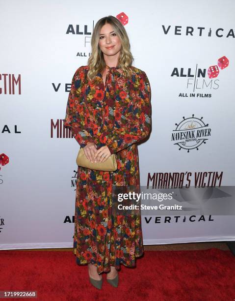 Emily VanCamp arrives at the Los Angeles Special Screening Of "Miranda's Victim" at Regency Bruin Theatre on October 05, 2023 in Los Angeles,...