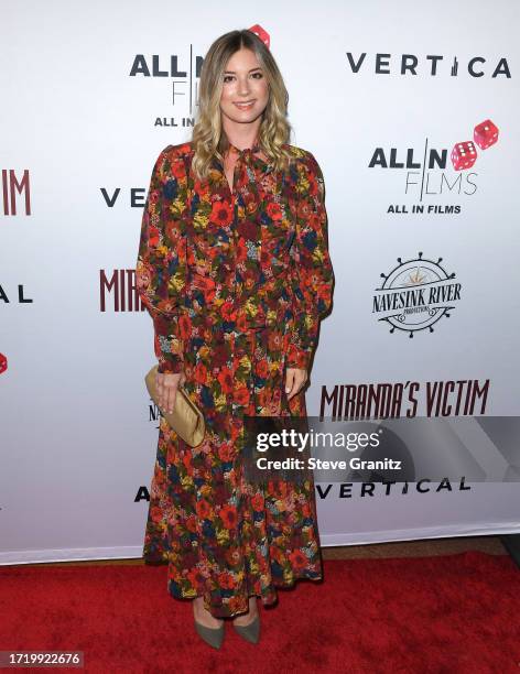 Emily VanCamp arrives at the Los Angeles Special Screening Of "Miranda's Victim" at Regency Bruin Theatre on October 05, 2023 in Los Angeles,...