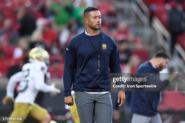 Notre Dame Fighting Irish Head Coach Marcus Freeman looks on before the college football game between the Notre Dame Fighting Irish and the...