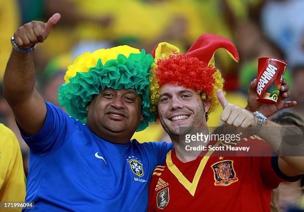 Brazil and Spain fans show their support prior to the FIFA Confederations Cup Brazil 2013 Final match between Brazil and Spain at Maracana on June...