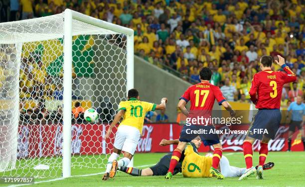 Fred of Brazil scores the opening goal during the FIFA Confederations Cup Brazil 2013 Final match between Brazil and Spain at Maracana on June 30,...