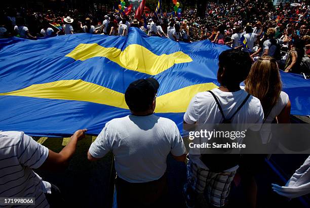 Members of the Human Rights Campaign carry their flag during 43rd annual San Francisco Lesbian, Gay, Bisexual, Transgender Pride Celebration & Parade...