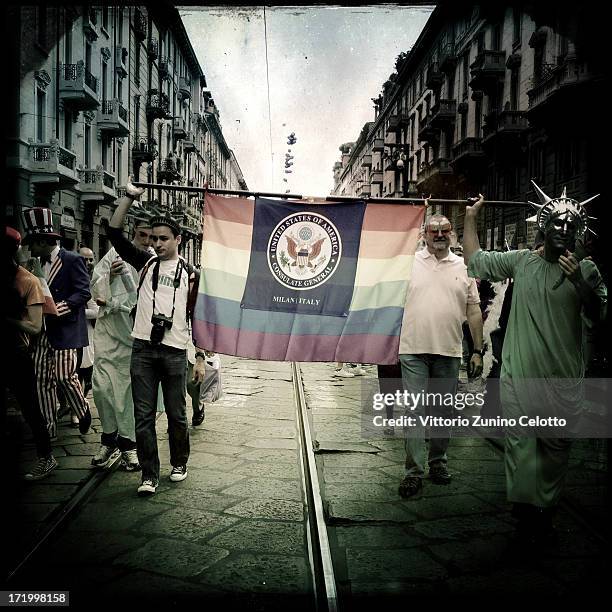 Activists and supporters of gay rights attend the annual Gay Pride parade on June 29, 2013 in Milan, Italy. The parade is part of a World Pride Week...