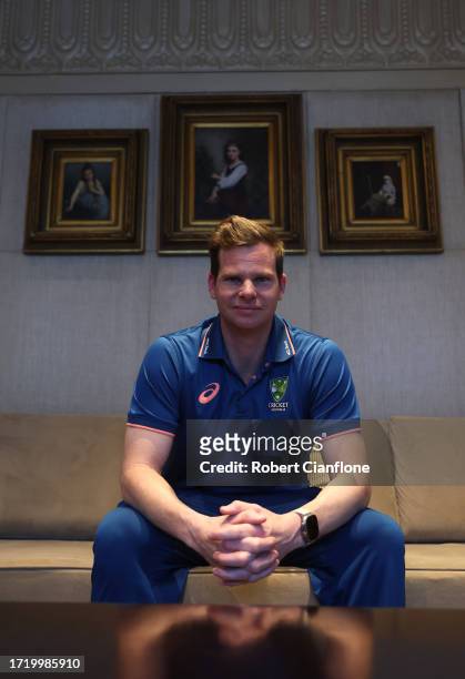 Steve Smith of Australia poses during an Australian Media session as part of the ICC Men's Cricket World Cup India 2023 on October 06, 2023 in...