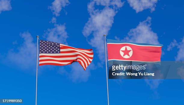 usa and north korea flag with blue sky, 3d rendered - malaysia north korea crisis ストックフォトと画像