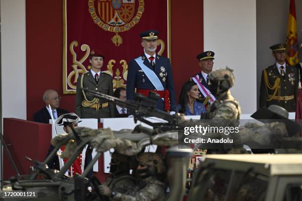 The King of Spain, Felipe VI , Queen of Spain Letizia and Leonor, Princess of Asturias attend the National Day Military Parade in Madrid, Spain on...