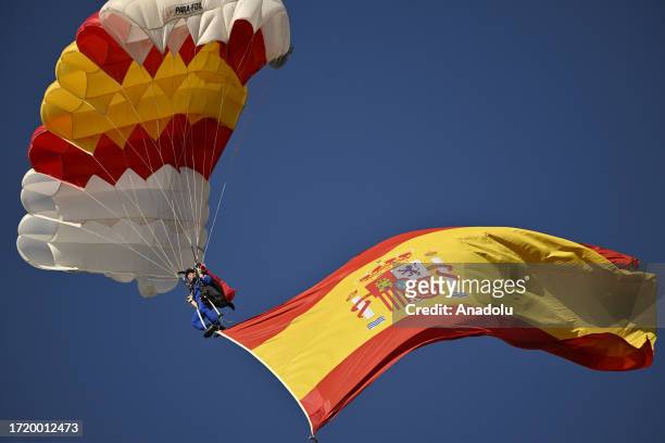 Spanish flag is seen as National Day of Spain is celebrated with a military parade in Madrid, Spain on October 12, 2023.