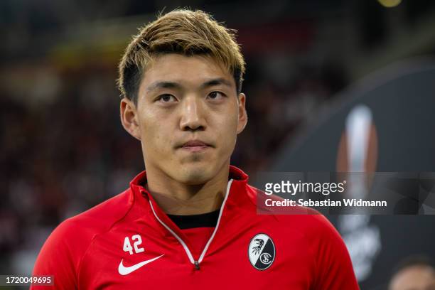 Ritsu Doan of SC Freiburg looks on prior to the UEFA Europa League match between Sport-Club Freiburg and West Ham United at Europa-Park Stadion on...