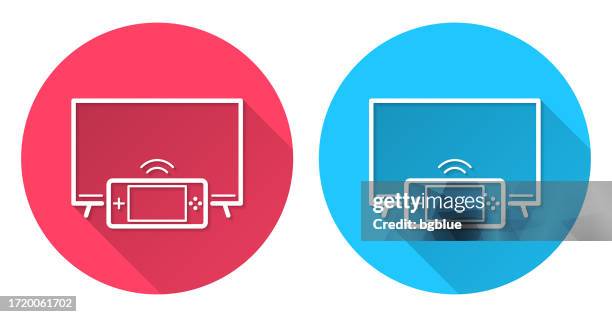 tv with handheld game console. round icon with long shadow on red or blue background - computer with blank screen stock illustrations