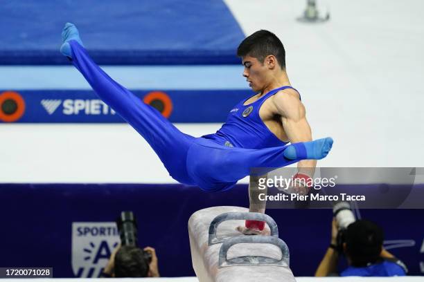 Yumin Abbadini of Italy competes on Pommel Horse during Men's Individual All-Around Final during day six Artistic Gymnastics World Championships on...