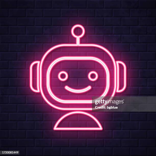 bot - robot face. glowing neon icon on brick wall background - face lit by computer stock illustrations
