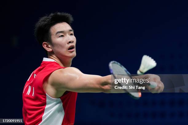 Li Shifeng of China competes in the Badminton Men's Singles Semifinals match against Haseena Sunil Kumar Prannoy of India during day thirteen of the...