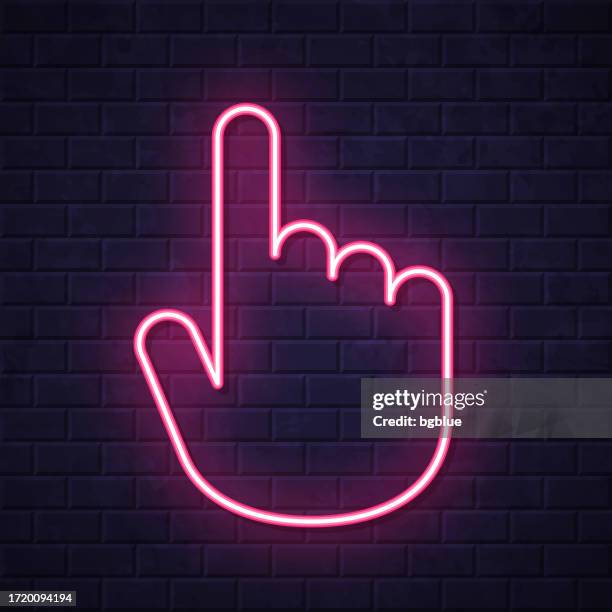 stockillustraties, clipart, cartoons en iconen met hand cursor - pointer. glowing neon icon on brick wall background - neon sign arrow