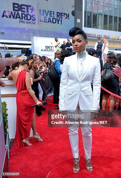 Recording artist Janelle Monae attends the P&G Red Carpet Style Stage at the 2013 BET Awards at Nokia Theatre L.A. Live on June 30, 2013 in Los...
