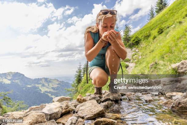 frau auf einer wanderung trinkt aus frischen gebirgsbächen - trinkwasser stock-fotos und bilder