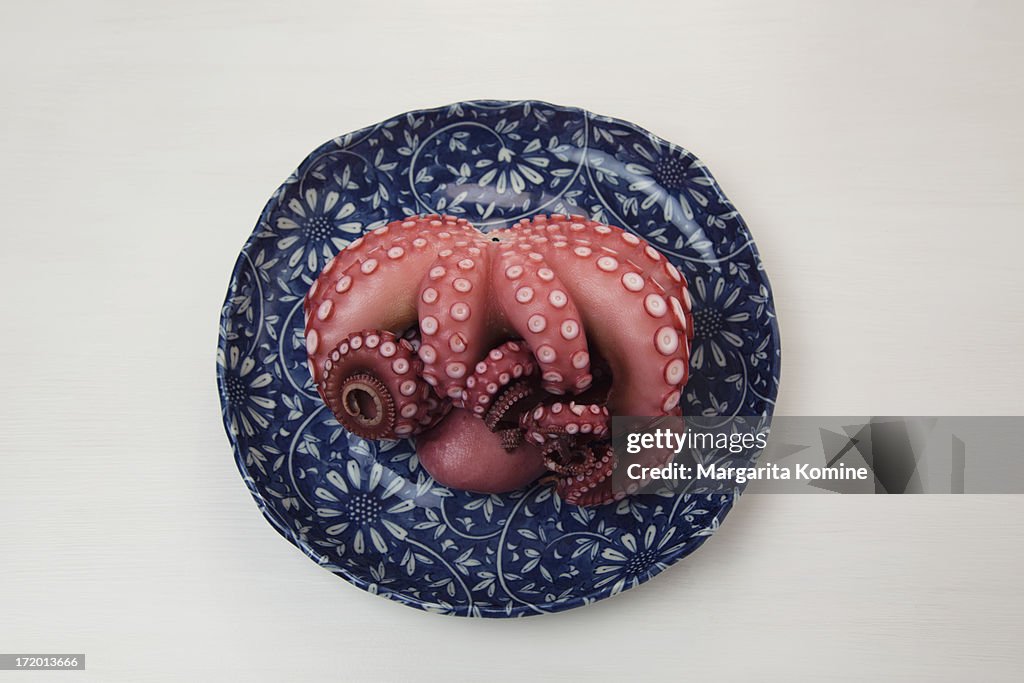 Octopus on a blue flowery plate