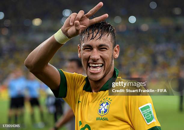 Neymar of Brazil celebrates at the end of the FIFA Confederations Cup Brazil 2013 Final match between Brazil and Spain at Maracana on June 30, 2013...