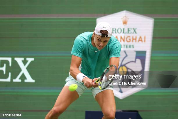 Holger Rune of Denmark competes against Brandon Nakashima of the U.S. On Day 5 of 2023 Shanghai Rolex Masters at Qi Zhong Tennis Centre on October...