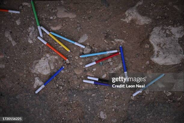 Felt tip pens left at the Supernova Festival site where hundreds were killed and dozens taken by Hamas militants near the border with Gaza on October...