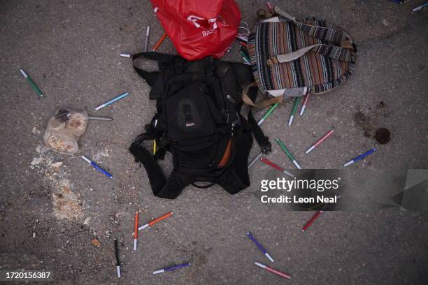 Felt tip pens left at the Supernova Festival site where hundreds were killed and dozens taken by Hamas militants near the border with Gaza on October...
