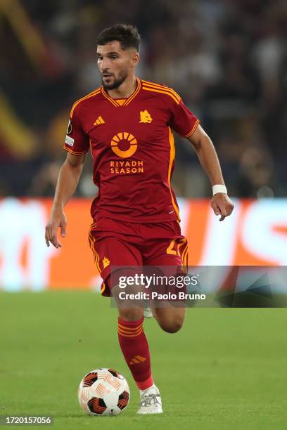 Houssem Aouar of AS Roma in action during the UEFA Europa League Group G match between AS Roma and Servette FC at Stadio Olimpico on October 05, 2023...