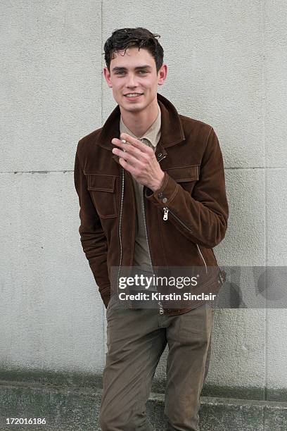 Model Arthur Gosse wears The Kooples jacket, Ralph Lauren shirt, Massimo Dutti trousers on day 4 of Paris Collections: Men on June 29, 2013 in Paris,...