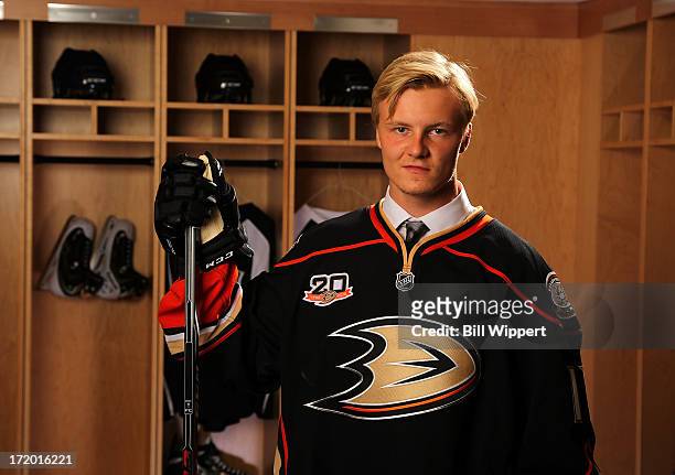 Nick Sorensen, 45th overall pick by the Anaheim Ducks, poses for a portrait during the 2013 NHL Draft at Prudential Center on June 30, 2013 in...