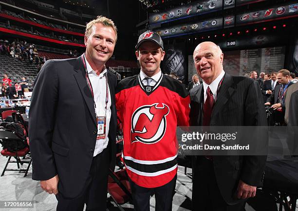 Goaltender Martin Brodeur of the New Jersey Devils, his son Anthony Brodeur, selected 208th overall and President and general manager Lou Lamoriello...