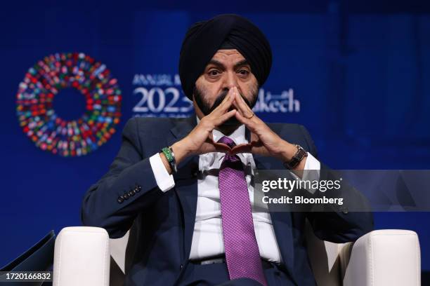 Ajay Banga, president of the World Bank Group, during a panel session at the annual meetings of the International Monetary Fund and World Bank in...