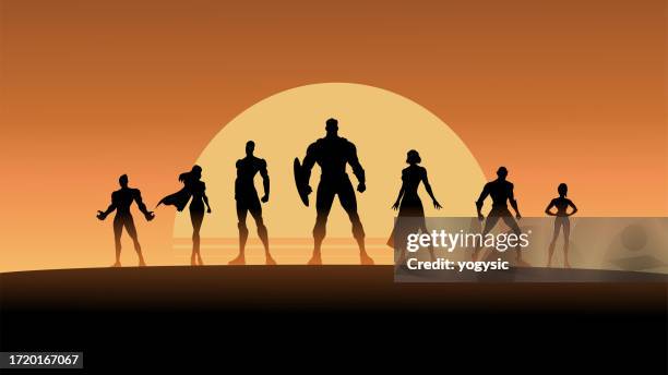 vector superhero team silhouette stock illustration - superhero shadow stock illustrations