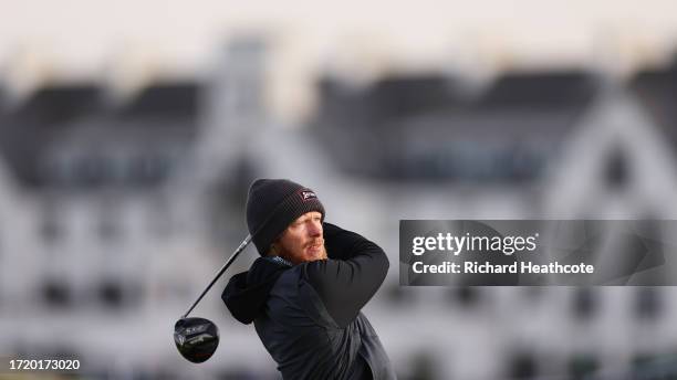 Sebastian Soderberg of Sweden tees off on the second hole during Day Two of the Alfred Dunhill Links Championship at Carnoustie Golf Links on October...