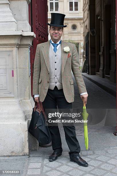 Composer Igor Micelli wears an hermes cravet and everything else vintage on day 3 of Paris Collections: Men on June 28, 2013 in Paris, France.