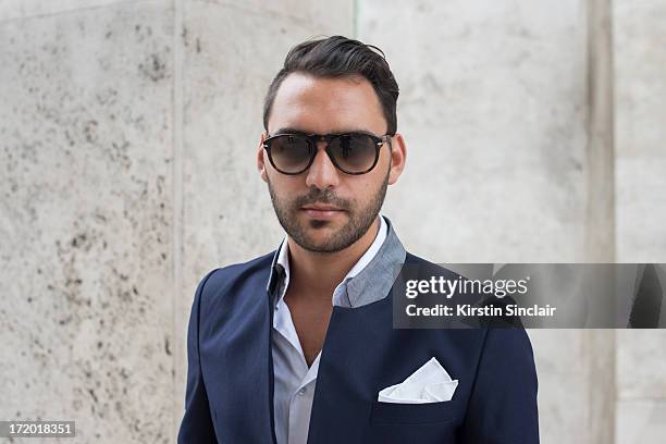 Editor in chief of AMD Mode Ahmad Daabas wears a Suit and shirt Tailor made in Italy and Persol glasses on day 3 of Paris Collections: Men on June...