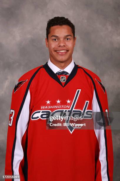 Madison Bowey, 53rd overall pick by the Washington Capitals, poses for a portrait during the 2013 NHL Draft at Prudential Center on June 30, 2013 in...