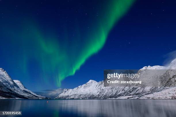 green aurora borealis at jokulsarlon bay, tromso, norway - dramatic landscape stock pictures, royalty-free photos & images