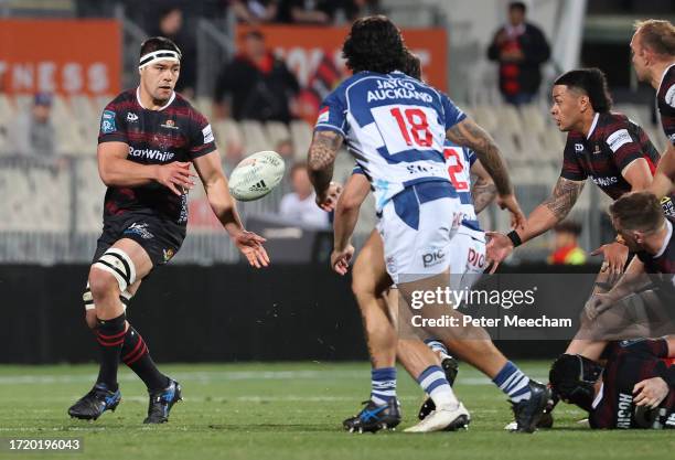 Reed Prinsep of Canterbury offloads during the Bunnings Warehouse NPC Quarter Final match between Canterbury and Auckland at Apollo Projects Stadium,...