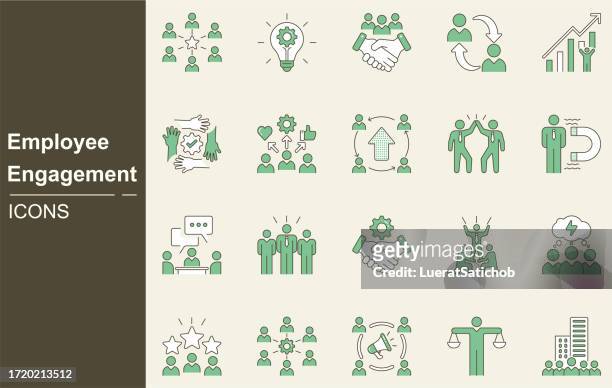 employee engagement icon set. concept with icon of workload, recognition, clarity, autonomy, stress, relationship, growth, fairness,  upskilling, personal growth, development, business management - event stock illustrations