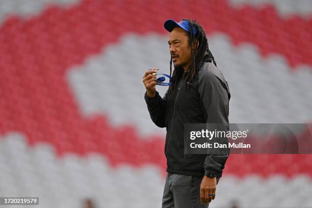 Fa'alogo Tana Umaga, Assistant Coach of Samoa looks on during the Captain's Run ahead of their Rugby World Cup France 2023 match against England at...