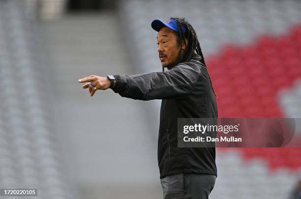 Fa'alogo Tana Umaga, Assistant Coach of Samoa looks on during the Captain's Run ahead of their Rugby World Cup France 2023 match against England at...