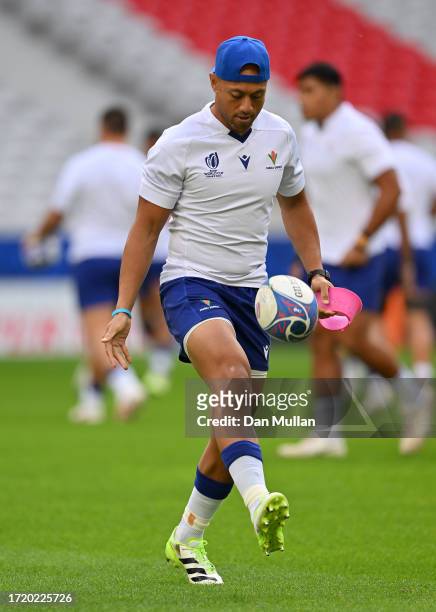 Christian Leali'ifano of Samoa warms u during the Captain's Run ahead of their Rugby World Cup France 2023 match against England at Stade Pierre...
