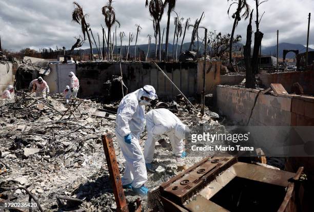 Displaced residents Caroline and William Anthony search for personal items in the rubble of the wildfire destroyed home where they lived, as...