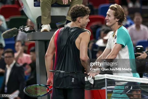 Sebastian Korda of the USA and Ben Shelton of the USA on Day 11 of 2023 Shanghai Rolex Masters at Qi Zhong Tennis Centre on October 12, 2023 in...