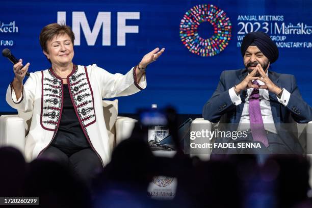 Managing Director of the International Monetary Fund, Kristalina Georgieva and Ajay Banga, President of World Bank Group, take part in a press...