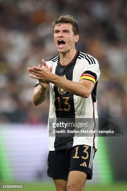Thomas Mueller of Germany reacts during the international friendly match between Germany and France at Signal Iduna Park on September 12, 2023 in...