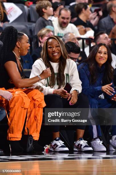 Actress Vivica A. Fox and former WNBA player Cynthia Cooper-Dyke attend the game between the New York Liberty and Las Vegas Aces during Game 2 of the...