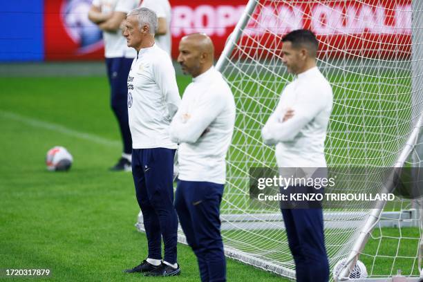 France's coach Didier Deschamps attends a training session at the Johan Cruijff stadium, in Amsterdam on October 12 on the eve of their UEFA Euro...