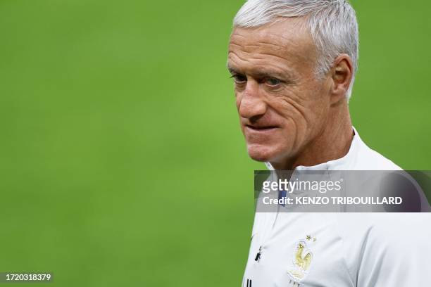France's coach Didier Deschamps attends a training session at the Johan Cruijff stadium, in Amsterdam on October 12 on the eve of their UEFA Euro...