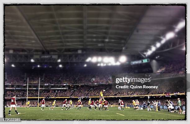 General view of action during game two of the International Test Series between the Australian Wallabies and the British & Irish Lions at Etihad...