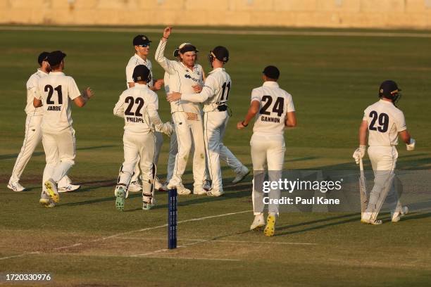 Corey Rocchiccioli of Western Australia celebrates the wicket of Travis Dean of Victoria during day 3 of the Sheffield Shield match between Western...
